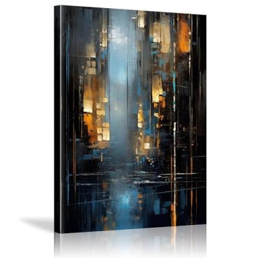 Imagem de Arte de parede em tela abstrata azul e dourada Imagens de arte abstrata moderna para sala de estar quarto fotos pinturas texturizadas - (65 x 90 cm) 66 x 89 cm com moldura