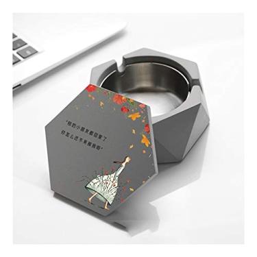 Imagem de Cinzeiro portátil para cigarro de cimento, com tampa, aço inoxidável, geométrico, cimento, cinzeiro, para uso interno ou externo, cinzeiro, presente (cor: pintura a óleo feminina cinza escuro)