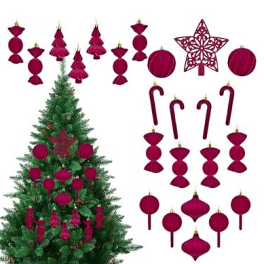 Imagem de Hamosky Enfeite de árvore de Natal flocado, conjunto de enfeites de árvore de Natal de veludo, 24 peças, enfeites decorativos vermelhos bordô, topo de estrela, várias formas, 3-15 cm, para decoração