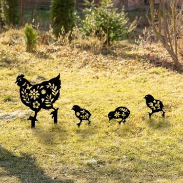 Imagem de Oubasa 4 peças de estátuas decorativas de jardim de galinha de metal distinto design de silhueta de galinha e pintinhos, arte preta de corte oco, decoração perfeita para jardins de jardim de gramados