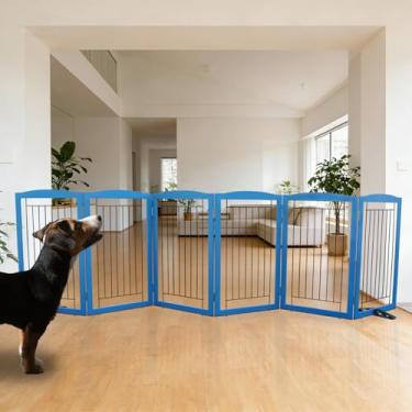 Imagem de ZJSF Cerca interna independente para cães, portão dobrável para portas, escadas ou corredores, portão extra largo de madeira resistente para animais de estimação com pés de suporte para casa, azul, 81