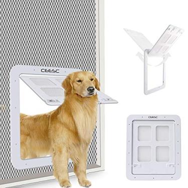 Imagem de CEESC Porta de tela para cães (tamanho externo 37 x 43 cm), porta de tela bloqueável para cães e cachorrinhos, porta de cachorro para porta de tela (grande, branca)