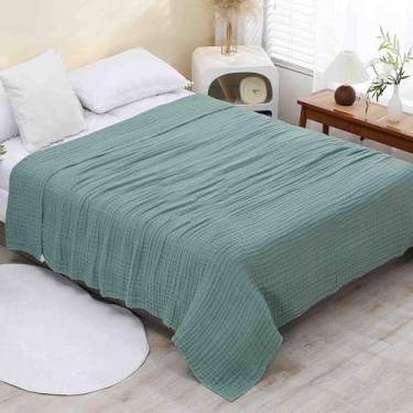 Imagem de Cobertores e mantas fofas femininas masculinas para cama cachecol adulto longo duplo solteiro para sofá toalha de banho absorvente algodão gaze quente macio e confortável (verde, 130 x 150 cm)