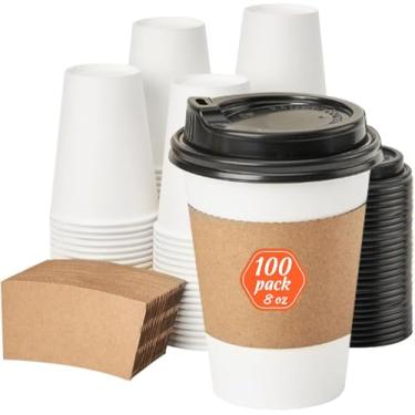 Imagem de 100 Pacotes de Copos Café Descartáveis com Tampas e Mangas Papel Espesso Resistente sem Vazamentos Isolados para Levar Bebidas Quentes Frias Recicláve