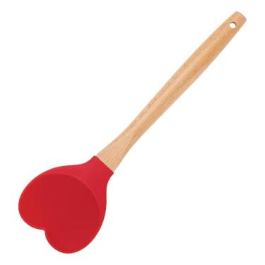 Imagem de Espátula de silicone em forma de coração com cabo de madeira, utensílios de cozinha para dia dos namorados, presente para assar, cozinhar, misturar, raspar, mexer (vermelho)