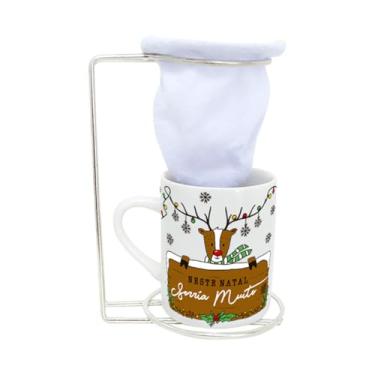 Imagem de Caneca de Porcelana com Coador Rena – Kit Café Natalino 120ml | Suporte Metálico + Filtro de Algodão | Presente Criativo de Natal