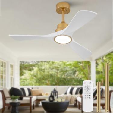 Imagem de Ventiladores de teto brancos e dourados de 106 cm com luzes e controle remoto, ventilador de teto externo de madeira de 3 lâminas com ventiladores de teto externos para pátios, ventilador de teto de