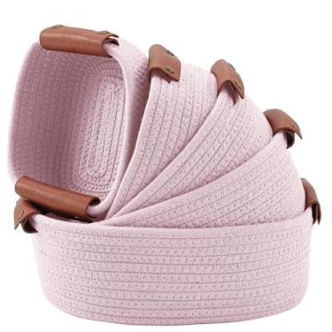 Imagem de ECDYQXVU Conjunto de 5 cestas de algodão com alças de couro para organização, berçário, prateleiras de banheiro ou decoração de quarto (rosa claro)
