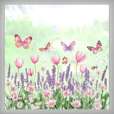 Imagem de Decalques de janela de flores grandes rosa roxo 60 cm x 30 cm lavanda margarida floral borboleta vidro adesivos de película película de película silhueta sala de estar quarto casa decoração de vidro
