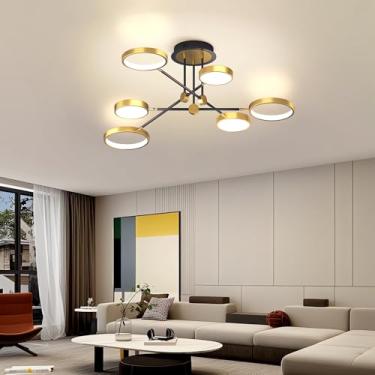 Imagem de Luminária de teto LED moderna Φ100cm, dimerizável, embutida, 72w, redonda, com controle remoto, em acrílico, para sala de estar, quarto, cozinha, corredor e escritório (dourada, 6 lâmpadas)