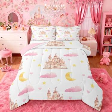 Imagem de jejeloiu Conjunto de edredom castelo rosa com tema de princesa de conto de fadas para crianças, meninos, meninas, casa dos sonhos, edredom para decoração de quarto de microfibra, 2 peças com 1 fronha