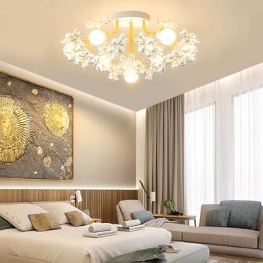 Imagem de Luminária pendente LED moderna - Soquete E27 com cristais, design em formato de galho, 7 lâmpadas douradas em formato de flor, ideal para sala de estar, sala de jantar e quarto.