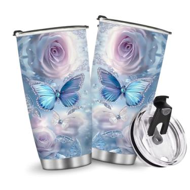 Imagem de Garrafa de água de viagem copos isolados diamante borboleta caneca de café meninas mulheres presentes para Natal aniversário crianças dia das mães presente de aniversário 590 ml quente e frio gelado