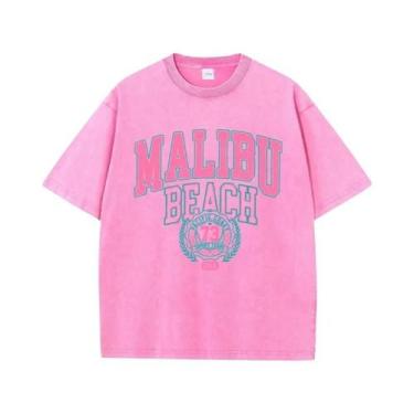 Imagem de Camiseta Feminina Oversized De Algodão Com Gola Redonda Estilo Praia M