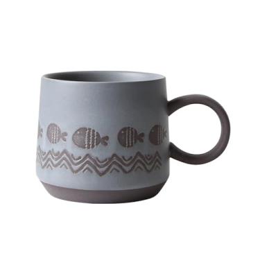 Imagem de Xícaras de café Caneca de café vintage cerâmica com listras onduladas e peixe para da manhã aveia 450ml