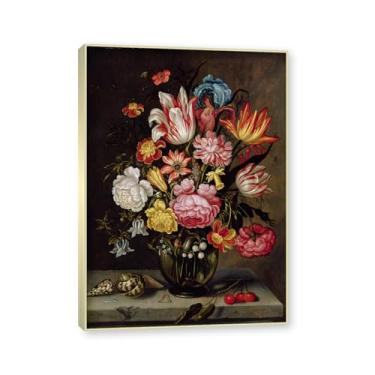 Imagem de NHLDZYH Moldura em champanhe. Flores clássicas natureza morta pintura em tela retro buquê de flores estilo country pinturas decoração de parede para cozinha e sala de estar. C04. 40 x 56 cm.