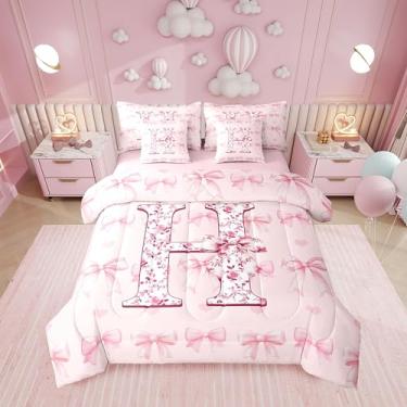 Imagem de Erosebridal Conjunto de cama solteiro com laço e letra H, letra H, alfabeto, kawaii, para meninas, conjunto de edredom com monograma, flores e corações de amor