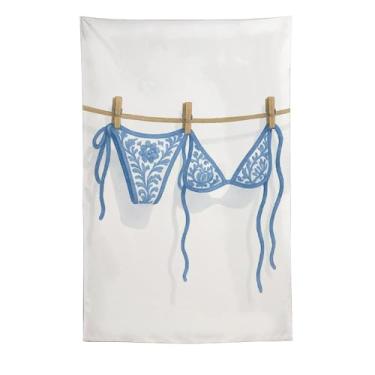 Imagem de Tapeçaria de lingerie branca azul com padrão floral prendedores de roupa aquarela decoração de parede sala de estar quarto decoração de casa enfeite exclusivo pendurado 152 x 232 cm tapeçaria