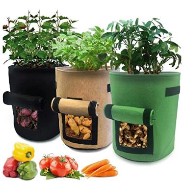 Imagem de 3 Peças Saco de Crescimento 10 Galões com Flap e Alças Tela Não Tecida Respirável Vasos Plantio para Batata Tomate Legumes Jardinagem Fácil Colher Reutilizável