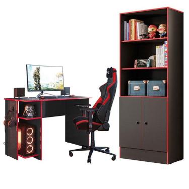 Imagem de Mesa Para Computador 3875 E Armário Gamer 4095 Preto Fosco Vermelho - Qmovi
