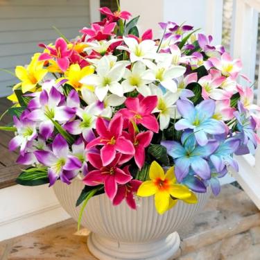 Imagem de Guagb Flores artificiais falsas para decoração ao ar livre, 8 pacotes de flores artificiais de seda de lírio artificiais resistentes a UV para varanda da frente, pátio, jardim, janela, caixa de