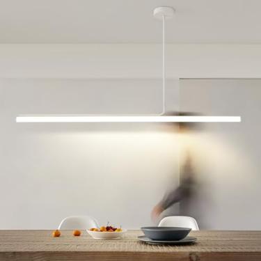 Imagem de Luminária de mesa LED dimerizável para sala de jantar, luminária pendente moderna com design linear e controle remoto, lustre LED para cozinha e escritório (Branca, 120 cm de comprimento)