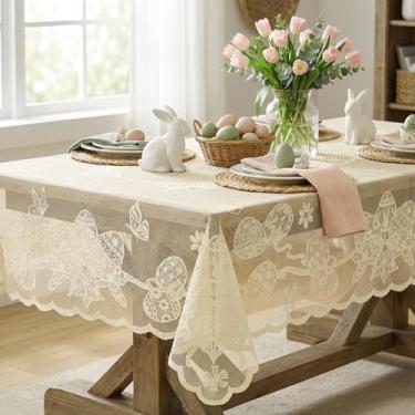 Imagem de Horaldaily Toalha de mesa retangular de renda de Páscoa, 152 × 213 cm, bege bordada, flor, coelho, ovos, ovos, decorações de Páscoa para festa em casa ao ar livre