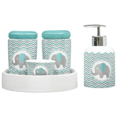 Imagem de Kit Higiene Bebê Porta Algodão Dispenser Líquido Banheiro Quarto Elefante Bb (Verde Água)