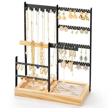 Imagem de O organizador de joias inclui 132 furos para organizador de brinco, suporte de joias de 4 camadas com suporte de anel de veludo, suporte organizador de joias com 11 ganchos, suporte de colar e