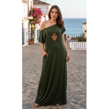 Imagem de vestido longo feminino gola caída frente e costa - KLS, Verde militar,