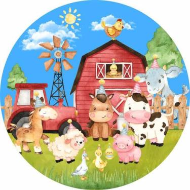 Imagem de Painel de Tecido Sublimado Redondo Fazendinha Trator e Celeiro c/ Elás