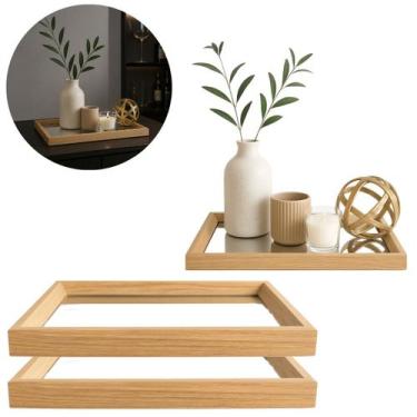 Imagem de 2 Bandeja Retangular Madeira e Espelho pra Decoração 22cm - Freecom