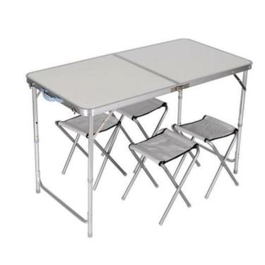 Imagem de Mesa Maleta Dobravel Em Aluminio Com 4 Cadeiras Portatil Grande 120x60cm Altura Ajustavel Camping Praia Com Banquinhos B