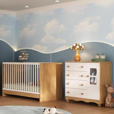 Imagem de Berço 3 em 1 para Colchão 130x60cm com Cômoda 1 Porta 4 Gavetas Luna M