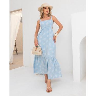 Imagem de Vestido Longo Estampado Florido de Alça com Recorte Lateral e Babado -