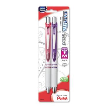 Imagem de Pentel Caneta de gel líquido retrátil EnerGel Pearl Deluxe RTX (0,7 mm), tinta rosa/violeta, pacote com 2 (BL77WBP2PV)