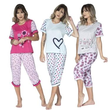 Imagem de Kit 3 Pijama Feminino Pescador Bermuda Adulto Blusa Calça Curta Inverno Barato Cor:Colorido;Tamanho:GG