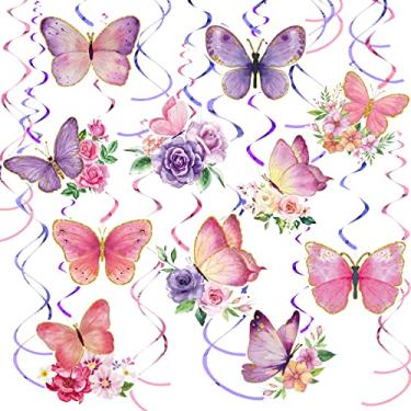 Imagem de 30 Pieces Butterfly Party Decorations Butterfly Hanging Decorations Watercolor Purple Butterfly Hanging Swirls Decorations Summer Themed Swirls Garland for Baby Girl Birthday Wedding Party Supplies