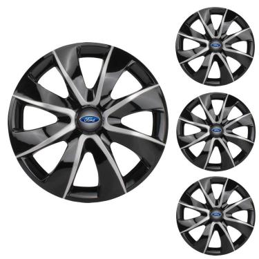Imagem de Jogo Calota Aro 14 Prime Black Silver Elitte Preto Prata + Emblema Resinado Ford (Fiesta Ka Ecosport Focus)