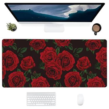 Imagem de Mouse pad grande flor vermelha rosa mouse pad para jogos com suporte de pulso tapete de teclado de borracha para computador para mesa laptop antiderrapante protetor de mesa completo impermeável bloco de escrita escritório casa 16x35 polegadas