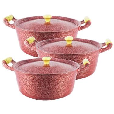 Imagem de Kit 3 Caçarola Alumínio Craqueada Vermelha Alça Madeira 20cm