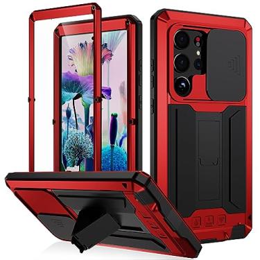 Imagem de LXURY Capa à prova de choque para Samsung Galaxy S23 Ultra/S23 Plus/S23, capa de proteção de janela de empurrar para lentes com suporte, capa antiarranhões, antiderrapante, vermelha, S23 de 6,1 polegadas