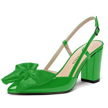 Imagem de WAYDERNS Vestido feminino nupcial fivela bico fino laço patente Slingback tornozelo tira bloco sólido salto alto grosso salto alto sapatos 9,5 cm, Verde, 8