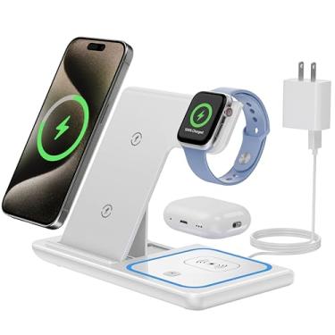 Imagem de QTlier Carregador sem fio 3 em 1, dobrável, 15 W com certificação Qi para AirPods/Apple Watch/celulares Samsung e iPhone (branco)