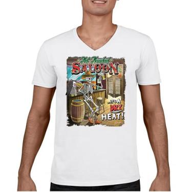 Imagem de Camiseta Hot Headed Saloon gola V But its a Dry Heat Funny Skeleton Biker Beer Drinking Cowboy Skull Southwest Tee, Branco, 3G