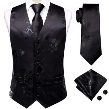 Imagem de Hi-Tie Colete masculino 4 peças colete gravata bolso conjunto de abotoaduras quadradas para terno ou smoking mais cores para escolher, Floral preto, G