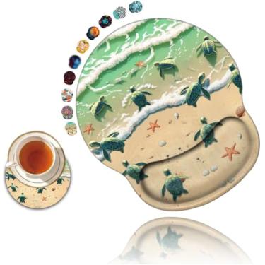 Imagem de Ergonomic Mouse Pad with Gel Wrist Rest Support, Non Slip PU Base Mouse Pad Wrist Rest for Computer,Office Gaming, Pain Relief Sea Turtles on The Beach, Starfish Shell Blue Ocean + Cup Coaster