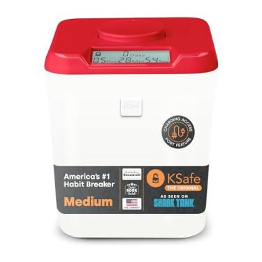 Imagem de Kitchen Safe Recipiente com trava SAFETime (médio), caixa de bloqueio temporizado para celulares, lanches e outras tentações indesejadas (tampa vermelha + base branca de 14 cm)