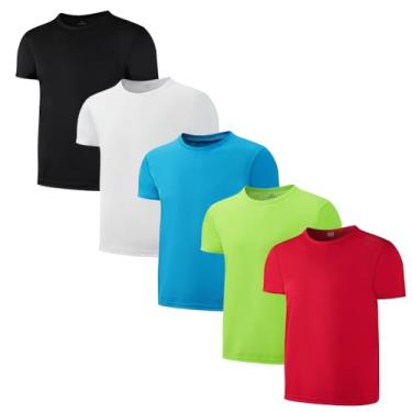 Imagem de Pacote com 5 camisetas atléticas para crianças/meninos/jovens, malha atlética, dry-fit, camisetas de manga curta com absorção de umidade (4 a 15 anos), Branco/vermelho/azul celeste/preto/verde neon,