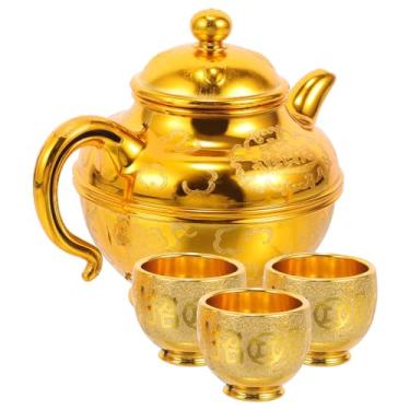 Imagem de MAGICLULU Conjunto de bule de chá de café turco: conjunto de chá dourado com 3 xícaras de café, decantador de chaleira de água, bule de chá árabe, jarro de leite, budista, cálices